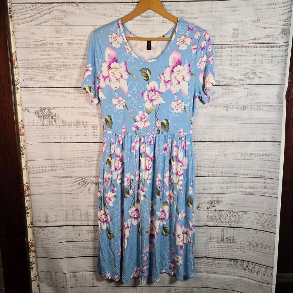 DB Moon Blue Floral Midi Dress Large Cottagecore Boho‎ Stretch